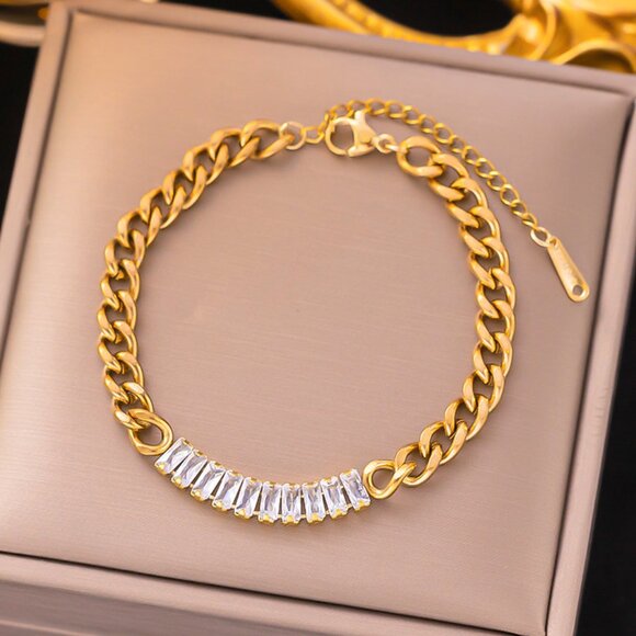 3/$35 18K Gold Plated Rhinestone Chain Bracelet Stainless Diamond Cubic Zirconia - Picture 4 of 4